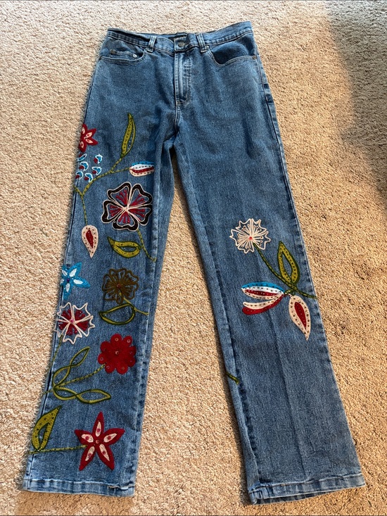Vintage Denim - Vintage Y2K Pure Gold Floral Embroidered Beaded Jeans Size 4 boho festival denim